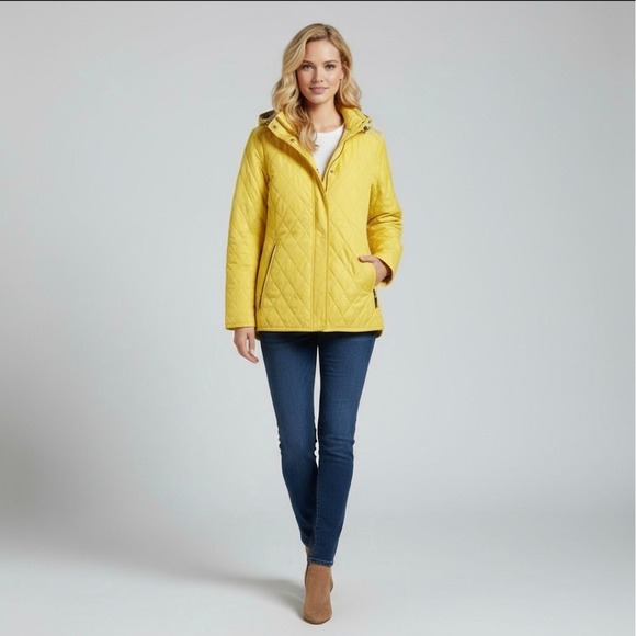 Coach - Quilted Leather‎ Accent Hooded Puffer Jacket - Yellow - Size: Medium